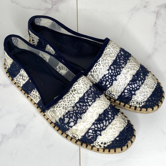 Louis Vuitton Blue & White Striped Crochet Lace Flat SEA BREEZE Espadrilles 36.5 - Picture 6 of 12